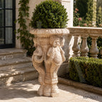 Hand-Carved Beige Marble Cherub Pedestal Planter Stand