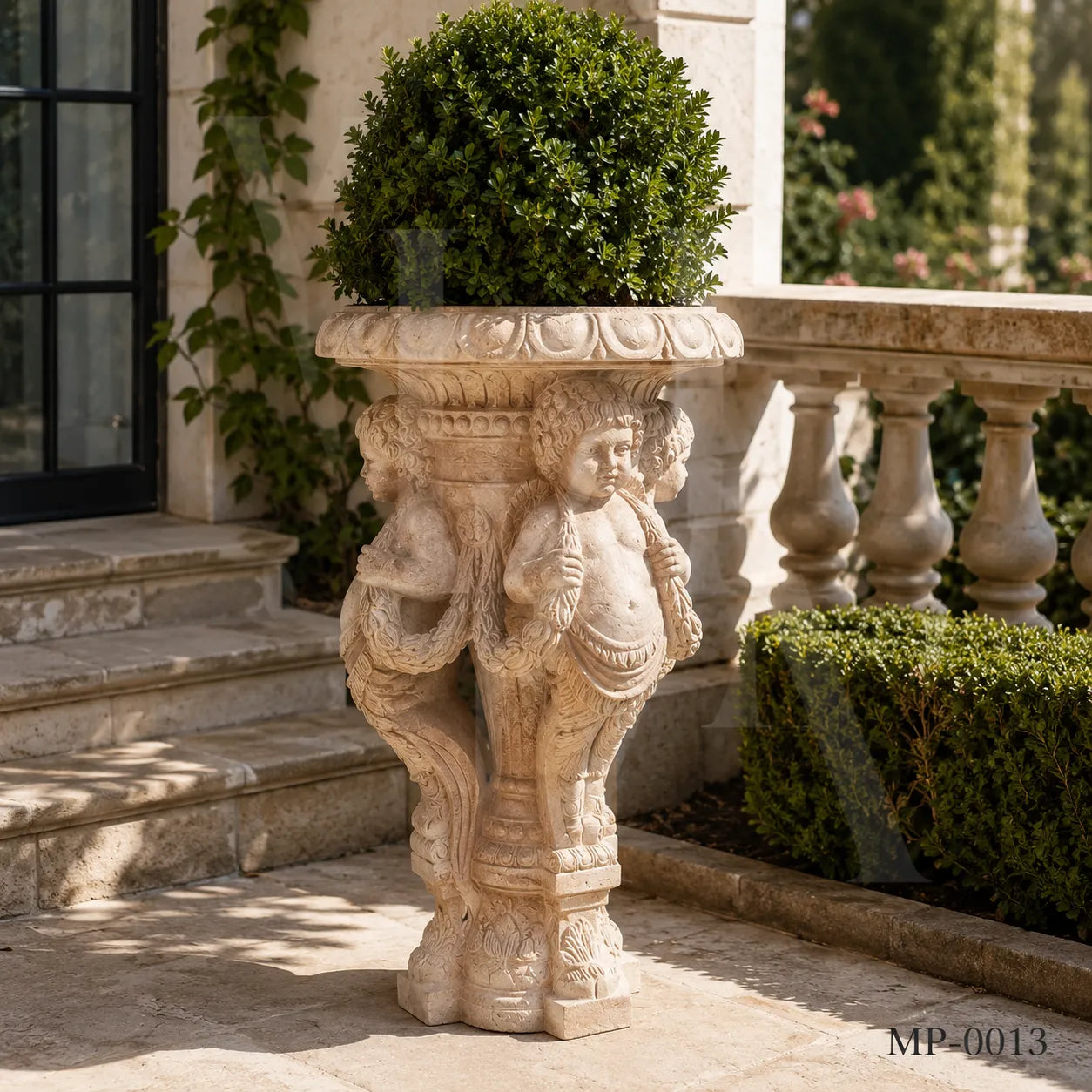Hand-Carved Beige Marble Cherub Pedestal Planter Stand