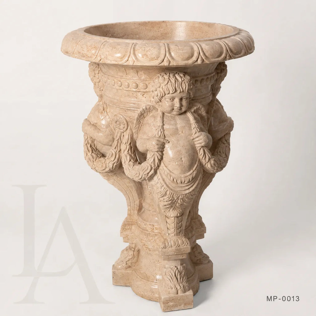 Hand-Carved Beige Marble Cherub Pedestal Planter Stand