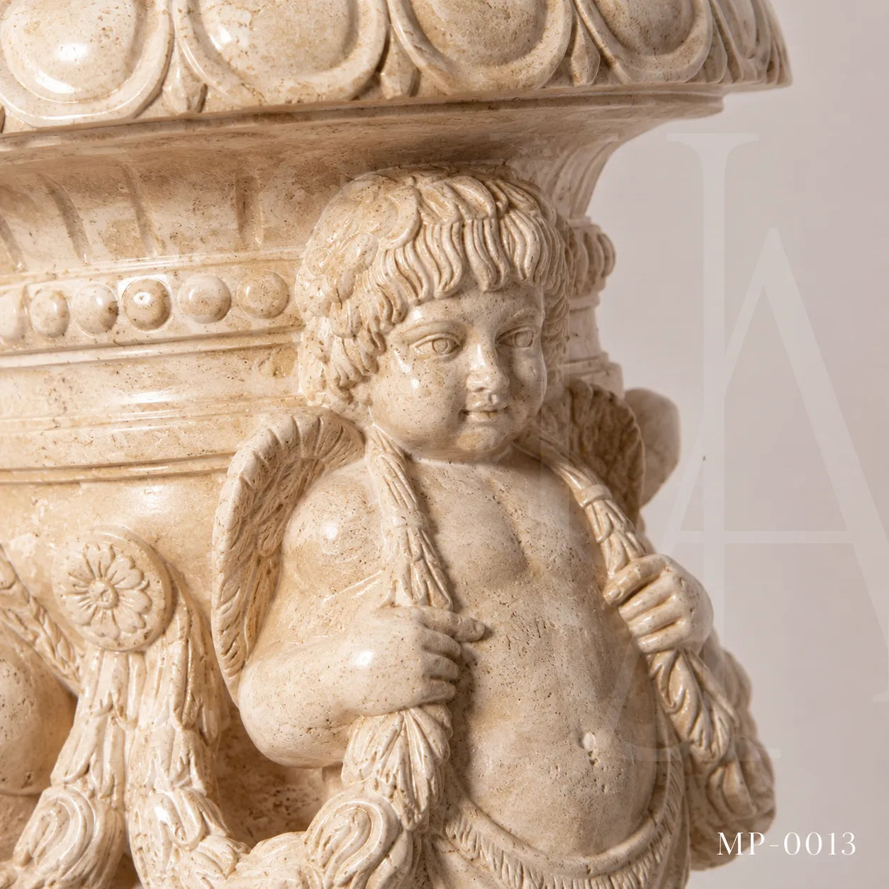 Hand-Carved Beige Marble Cherub Pedestal Planter Stand
