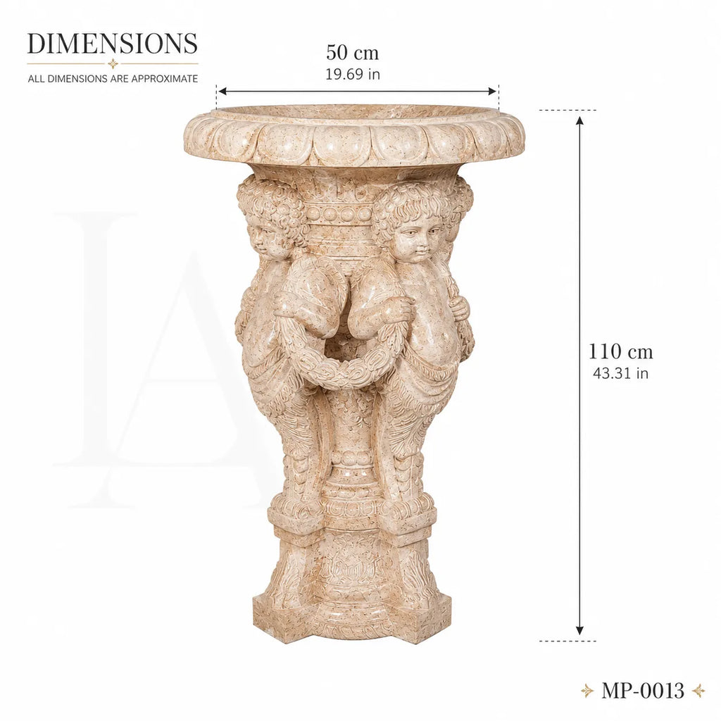 Hand-Carved Beige Marble Cherub Pedestal Planter Stand