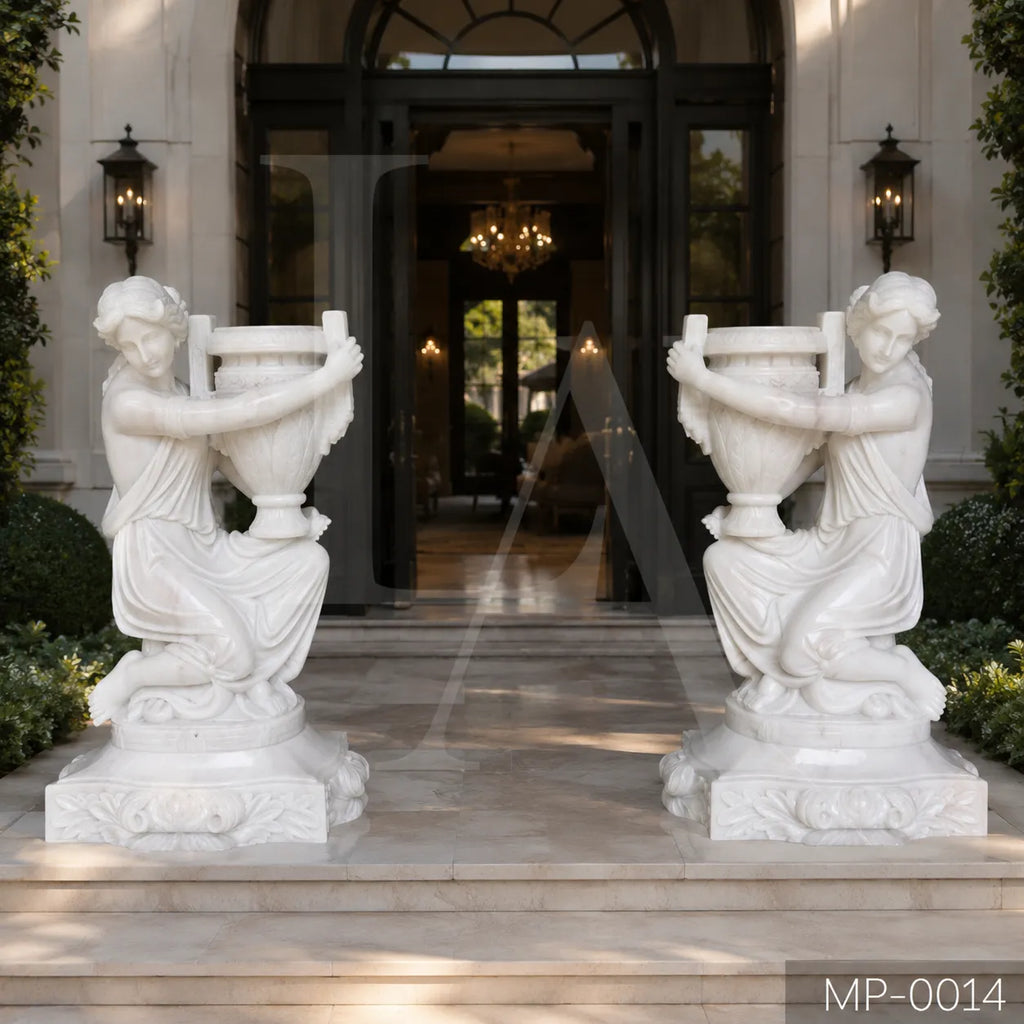 Hand-Carved White Marble Lady Figure Planter Urn – 130cm Garden Sculpture