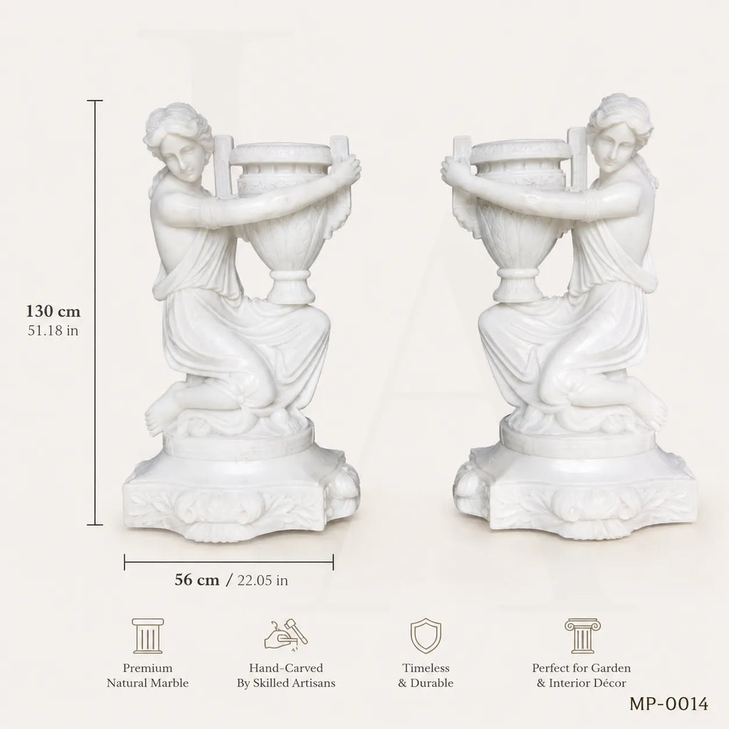 Hand-Carved White Marble Lady Figure Planter Urn – 130cm Garden Sculpture