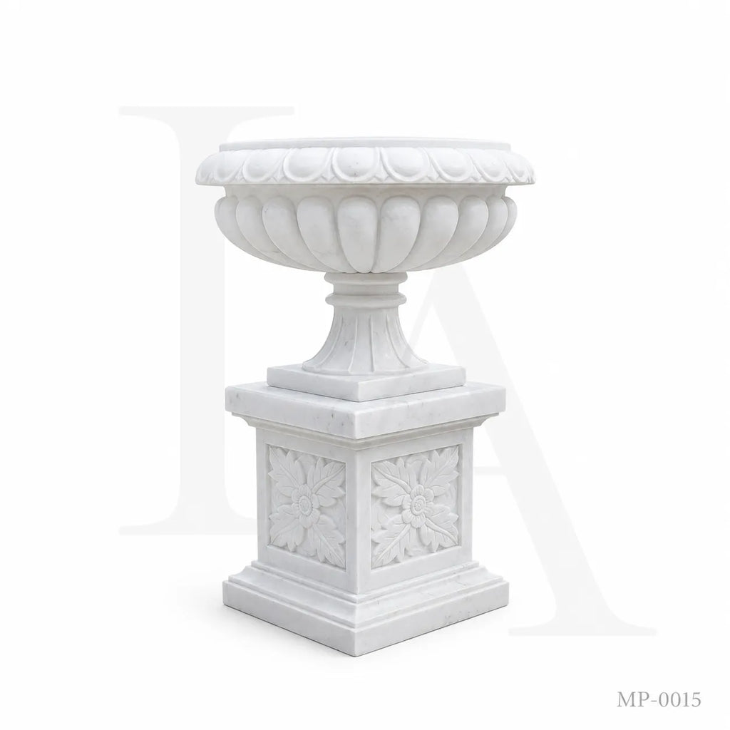 Classical White Marble Garden Urn Planter on Pedestal