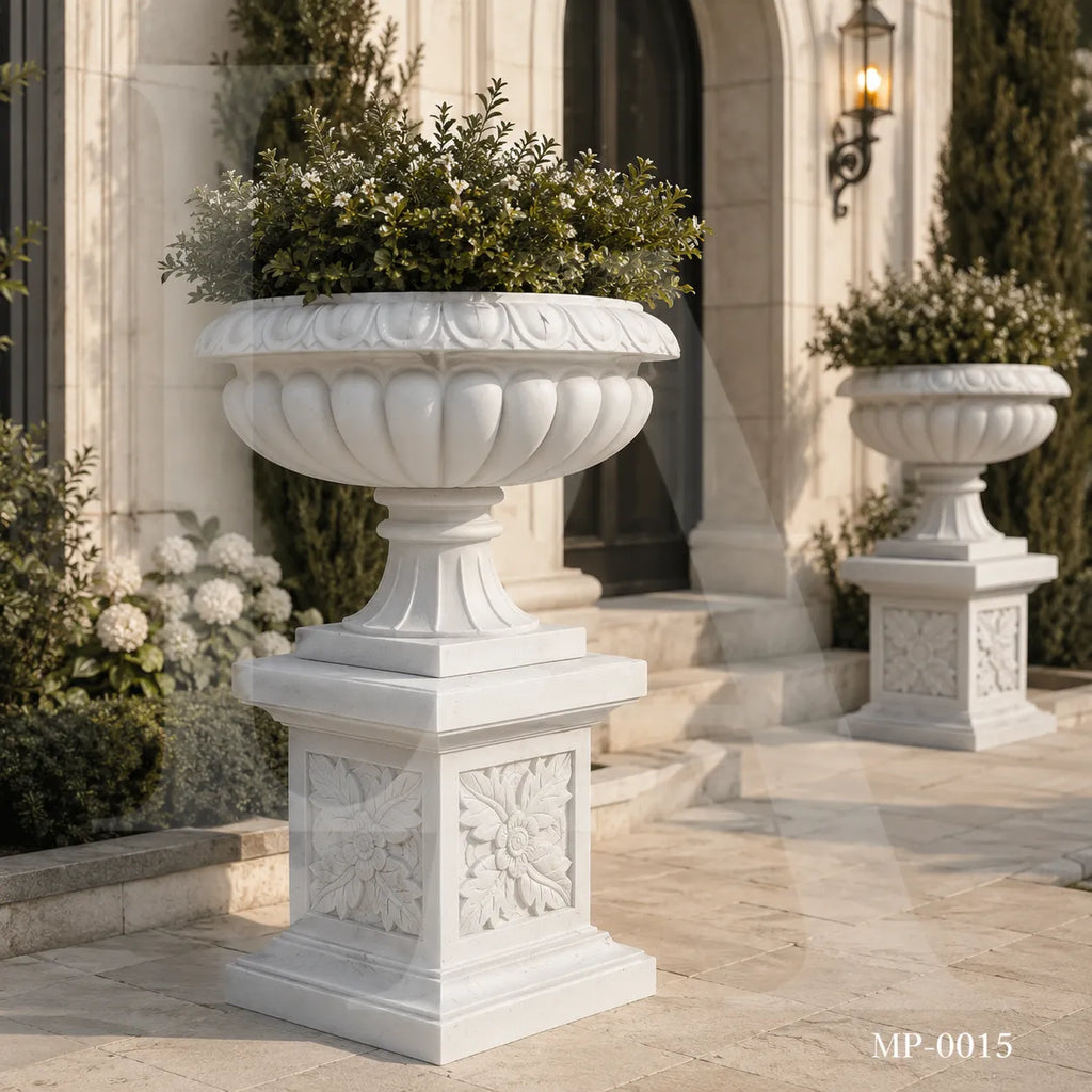 Classical White Marble Garden Urn Planter on Pedestal
