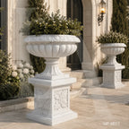 Classical White Marble Garden Urn Planter on Pedestal