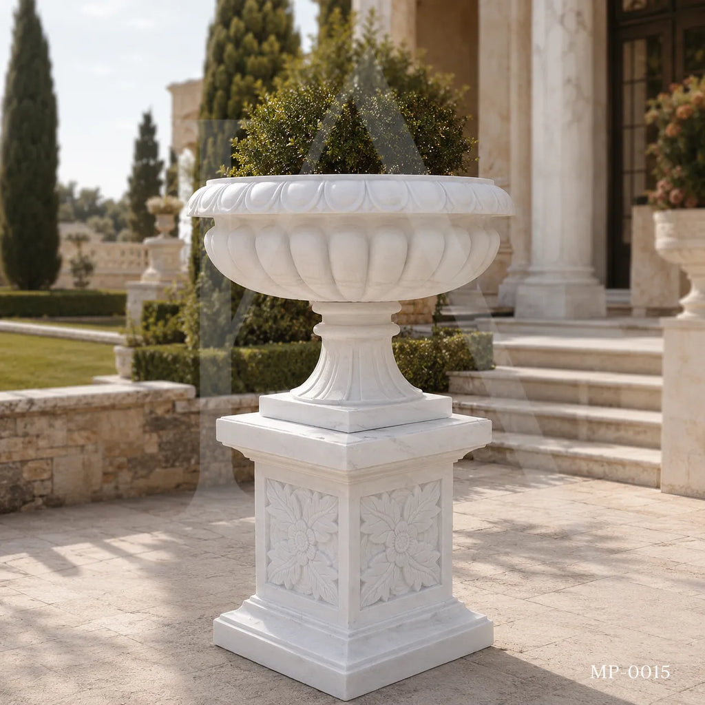 Classical White Marble Garden Urn Planter on Pedestal