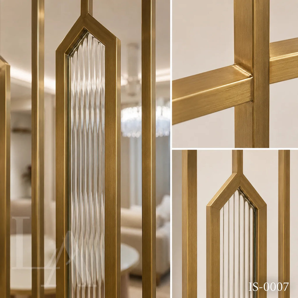 Luxury Gold Stainless Steel Decorative Screen with Textured Glass Inserts