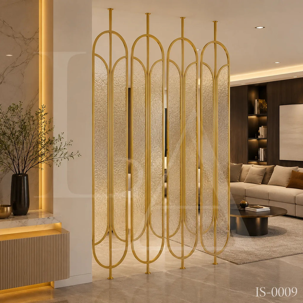 Luxury Gold Stainless Steel Decorative Screen with Artistic Textured Glass