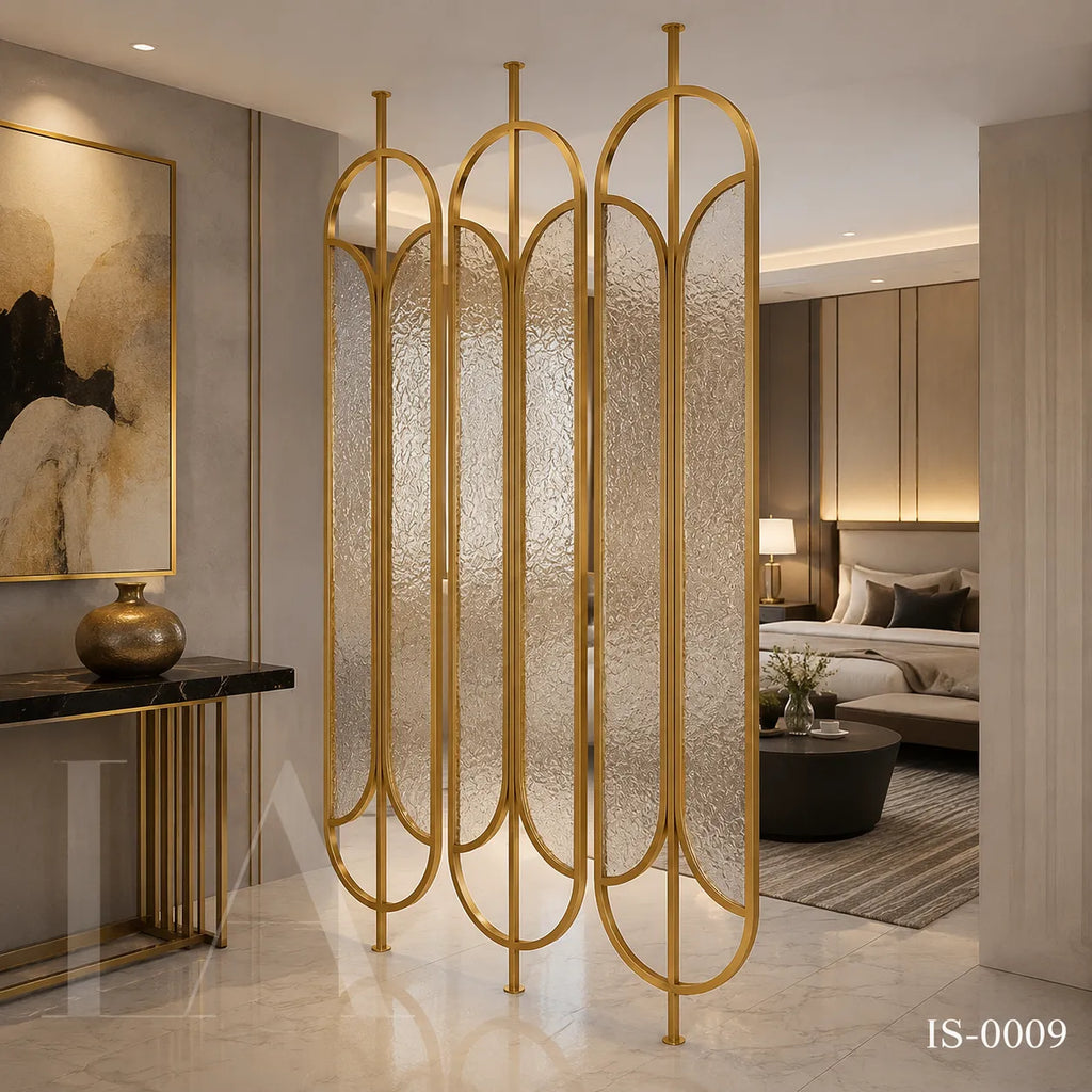 Luxury Gold Stainless Steel Decorative Screen with Artistic Textured Glass