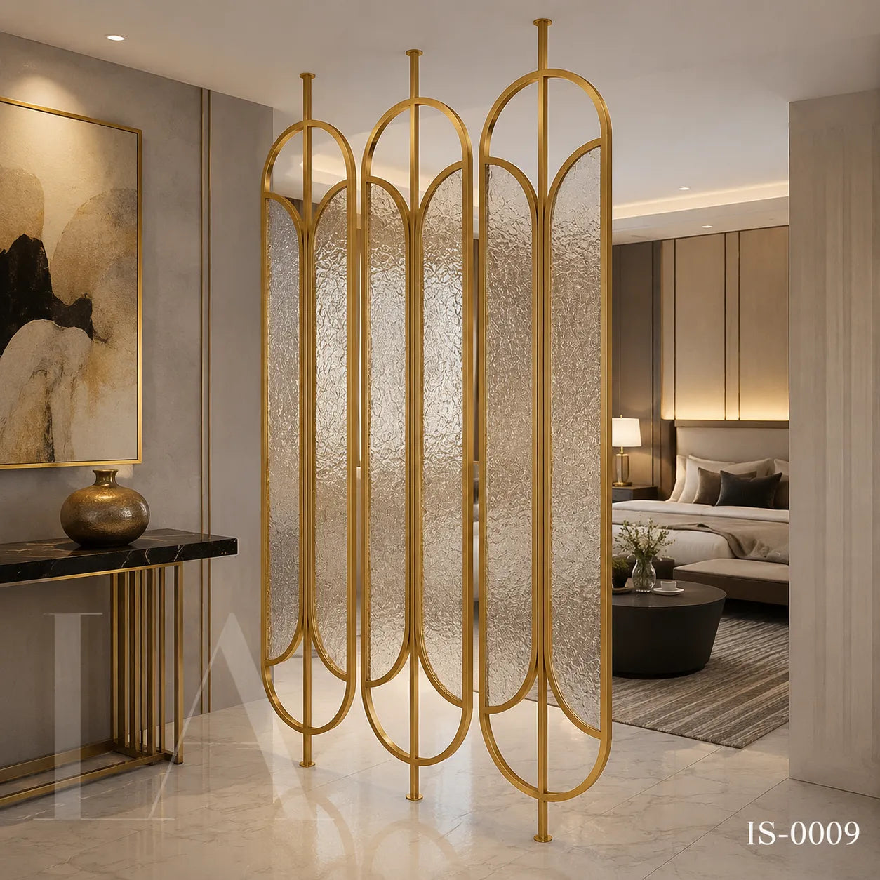 Luxury Gold Stainless Steel Decorative Screen with Artistic Textured Glass