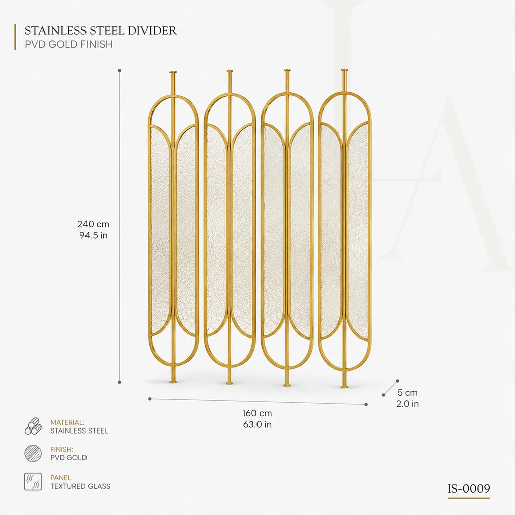 Luxury Gold Stainless Steel Decorative Screen with Artistic Textured Glass
