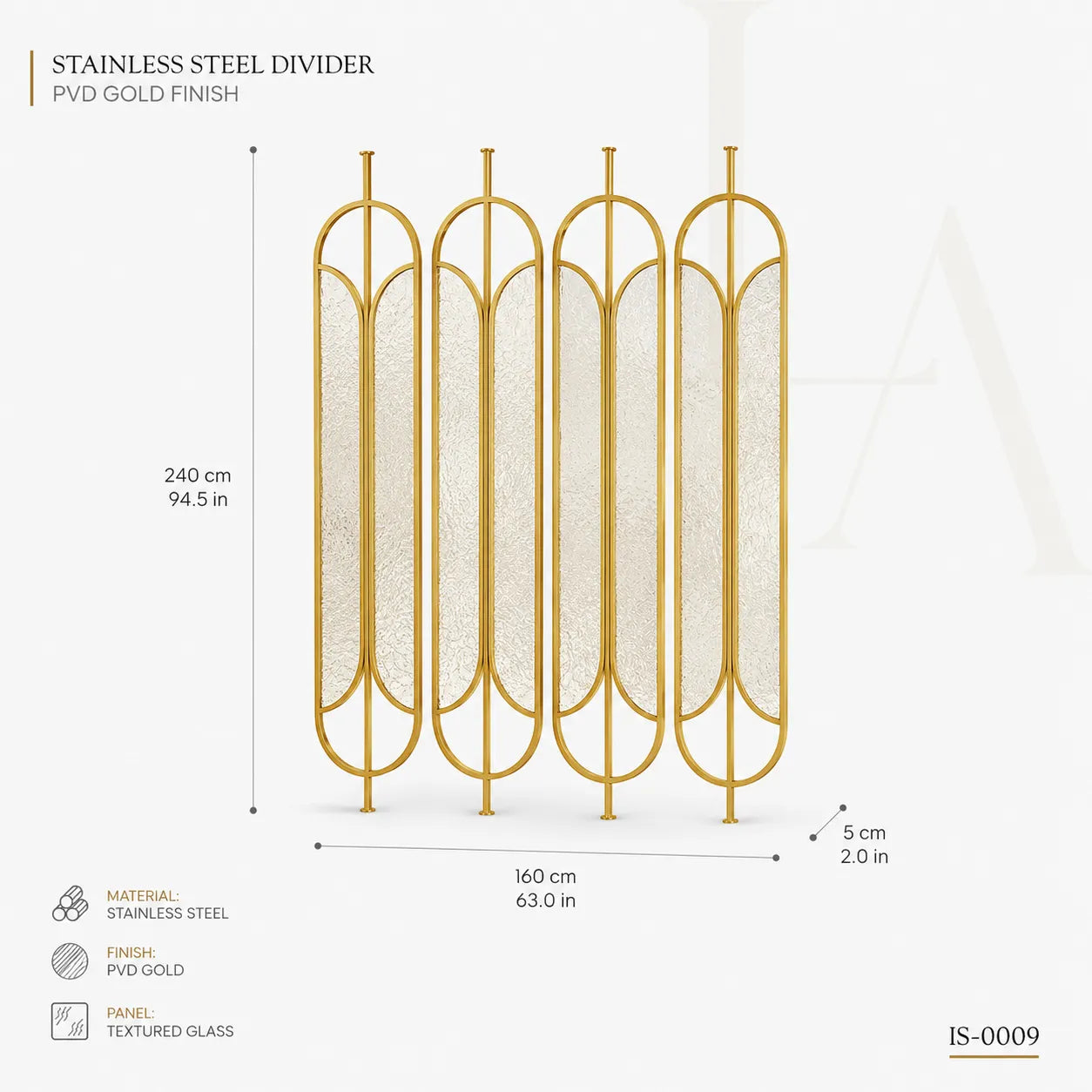 Luxury Gold Stainless Steel Decorative Screen with Artistic Textured Glass