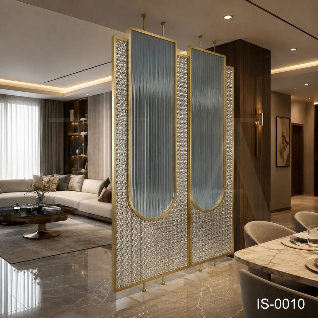 Luxury Gold Stainless Steel Decorative Screen with Fluted & Crystal Glass Panels