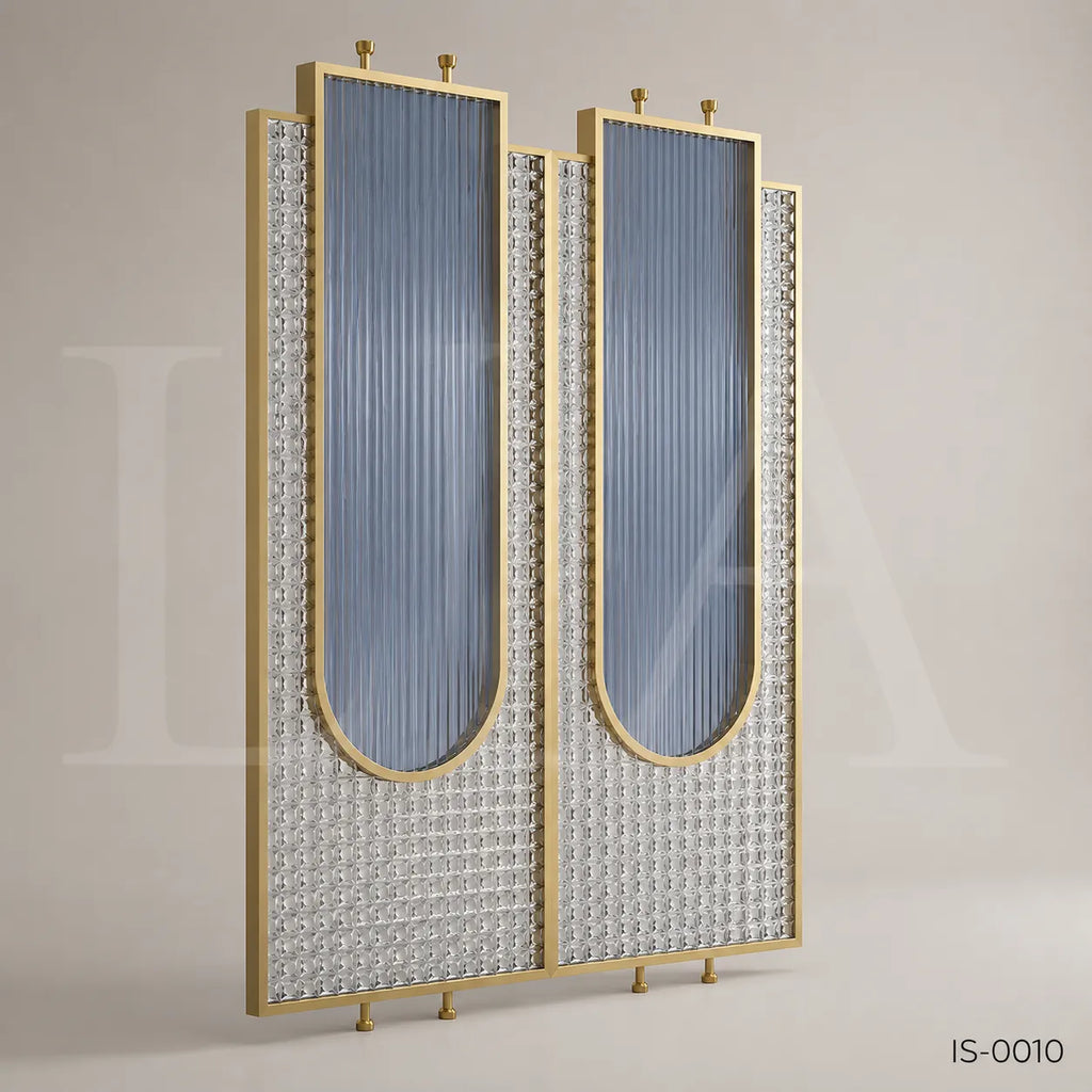 Luxury Gold Stainless Steel Decorative Screen with Fluted & Crystal Glass Panels