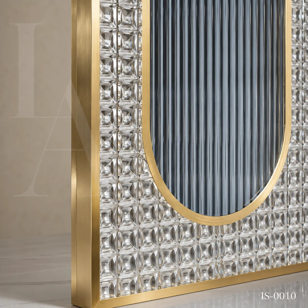 Luxury Gold Stainless Steel Decorative Screen with Fluted & Crystal Glass Panels