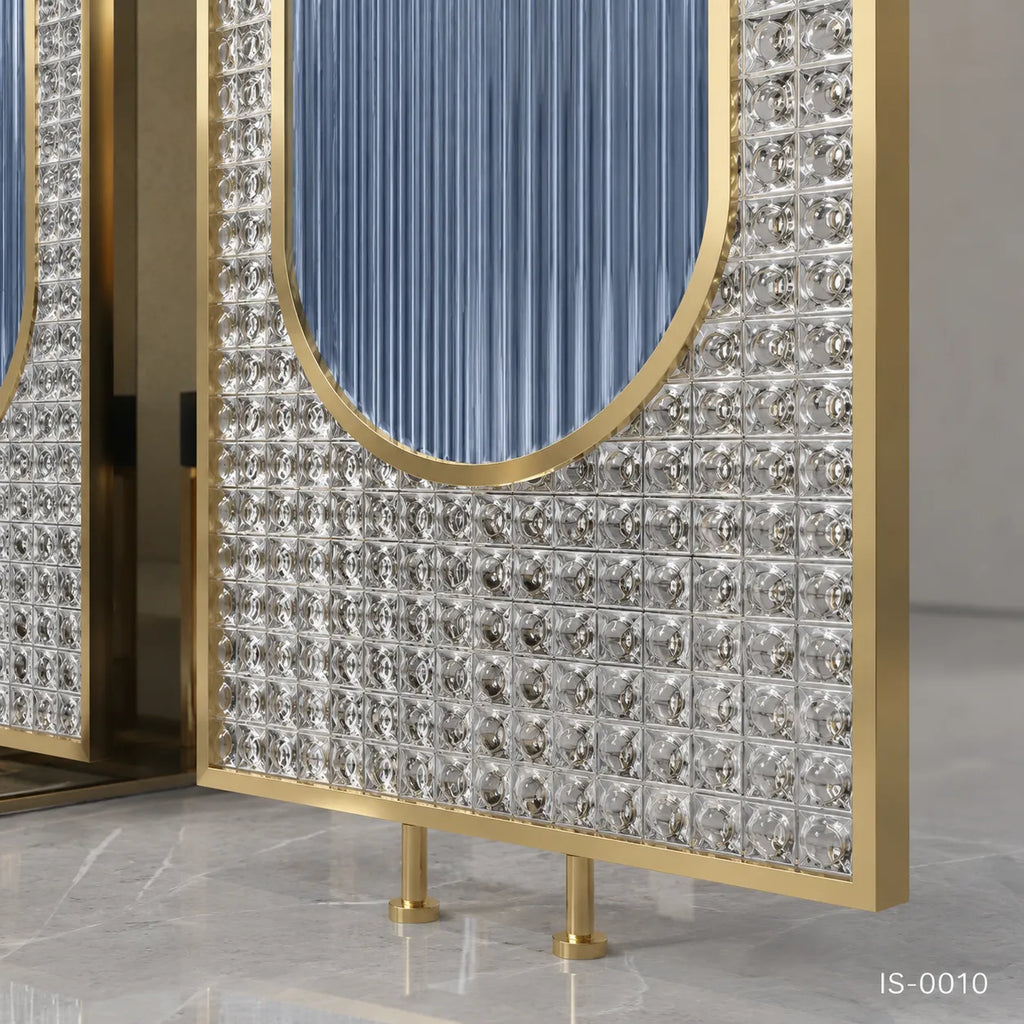 Luxury Gold Stainless Steel Decorative Screen with Fluted & Crystal Glass Panels