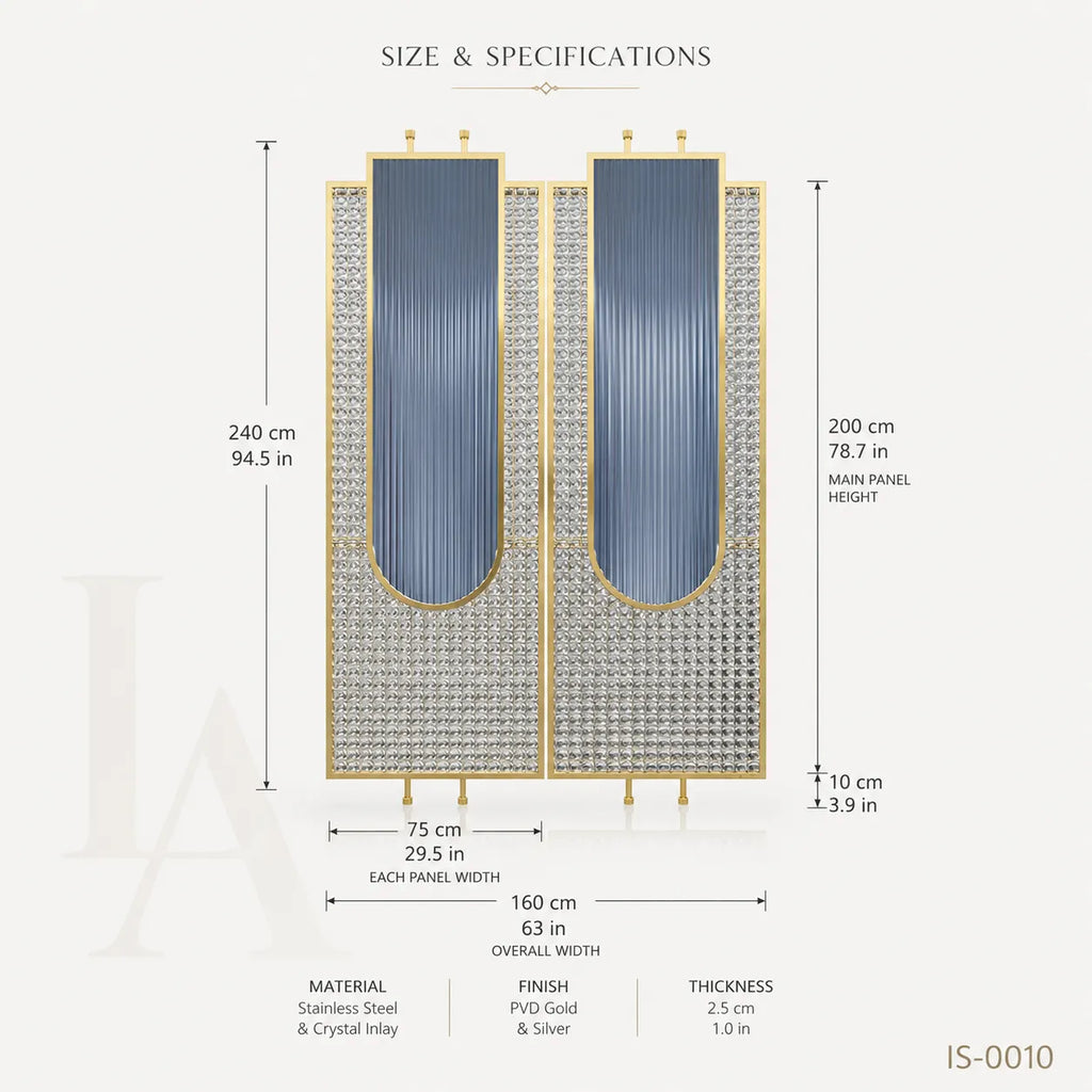 Luxury Gold Stainless Steel Decorative Screen with Fluted & Crystal Glass Panels
