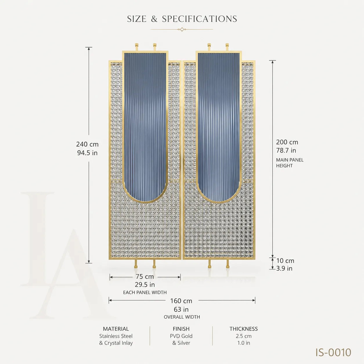 Luxury Gold Stainless Steel Decorative Screen with Fluted & Crystal Glass Panels