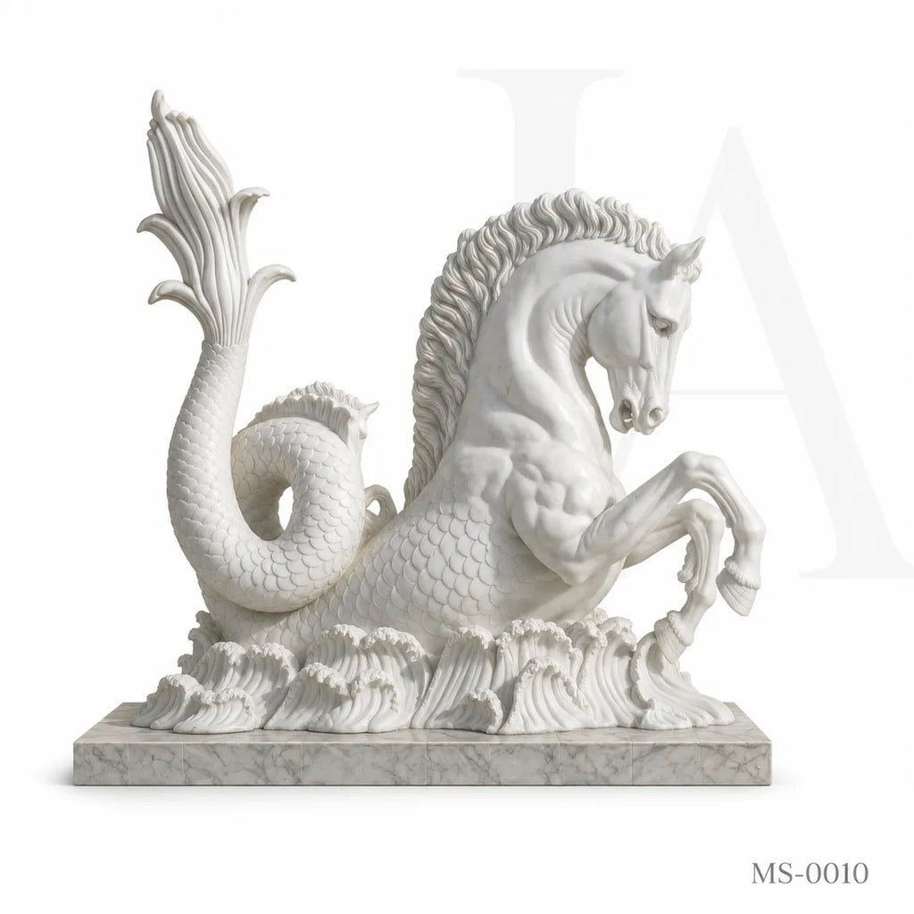 Mythical Seahorse Marble Fountain Sculpture | Luxury Neoclassical Water Feature Statue