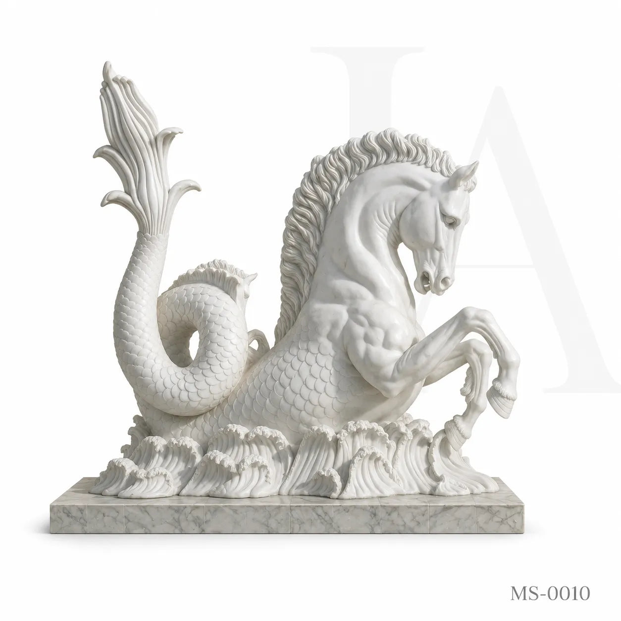 Mythical Seahorse Marble Fountain Sculpture | Luxury Neoclassical Water Feature Statue
