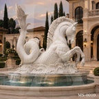 Mythical Seahorse Marble Fountain Sculpture | Luxury Neoclassical Water Feature Statue
