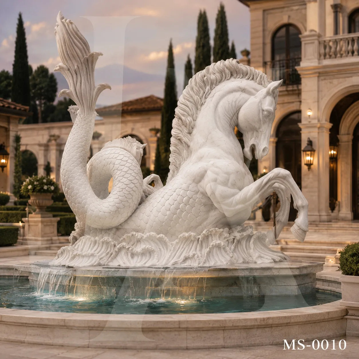 Mythical Seahorse Marble Fountain Sculpture | Luxury Neoclassical Water Feature Statue