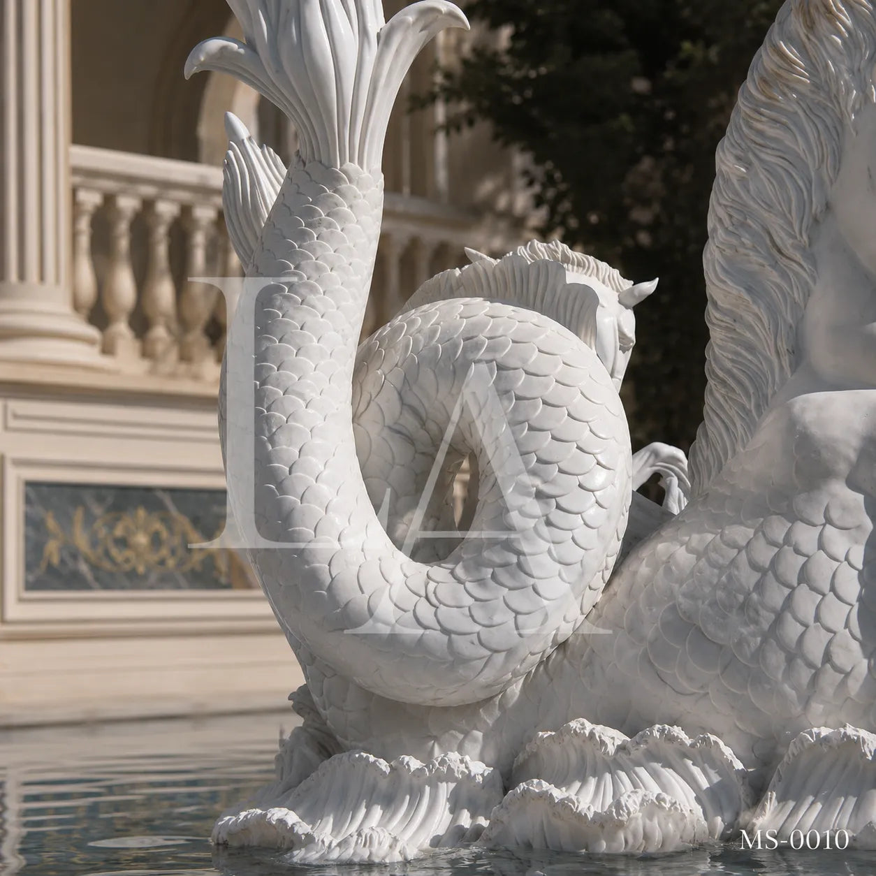 Mythical Seahorse Marble Fountain Sculpture | Luxury Neoclassical Water Feature Statue