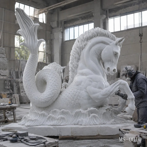 Mythical Seahorse Marble Fountain Sculpture | Luxury Neoclassical Water Feature Statue