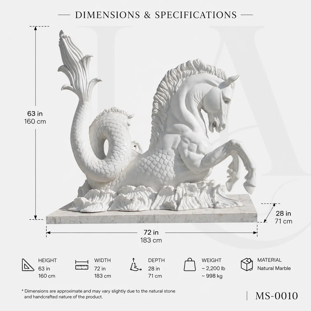 Mythical Seahorse Marble Fountain Sculpture | Luxury Neoclassical Water Feature Statue