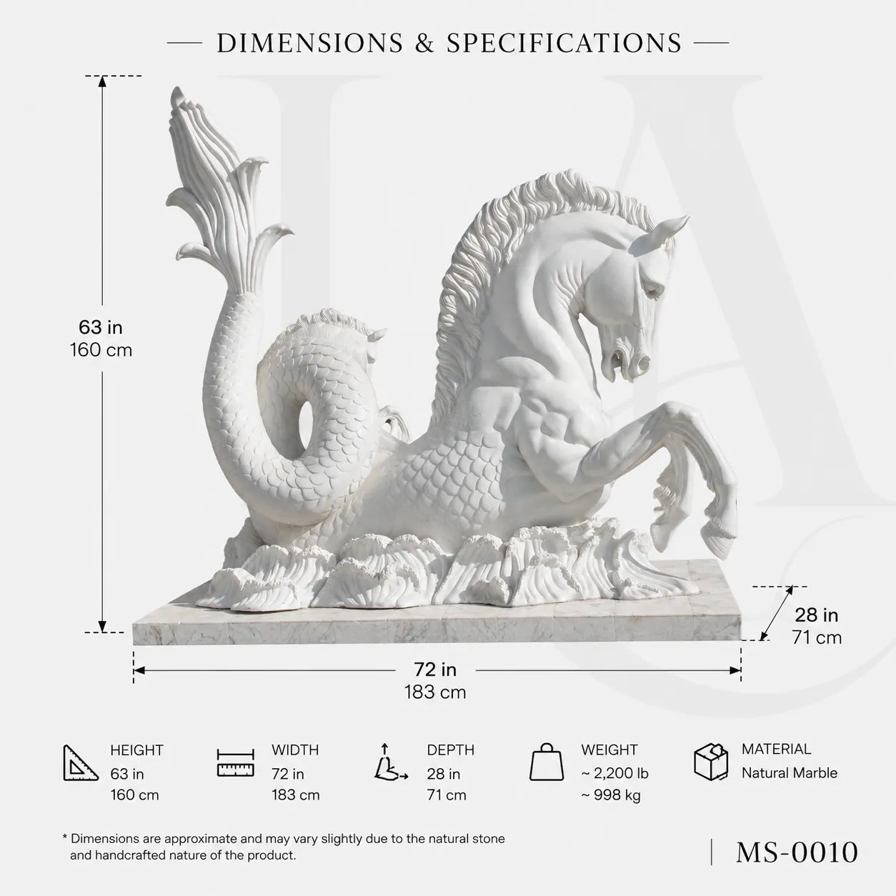 Mythical Seahorse Marble Fountain Sculpture | Luxury Neoclassical Water Feature Statue