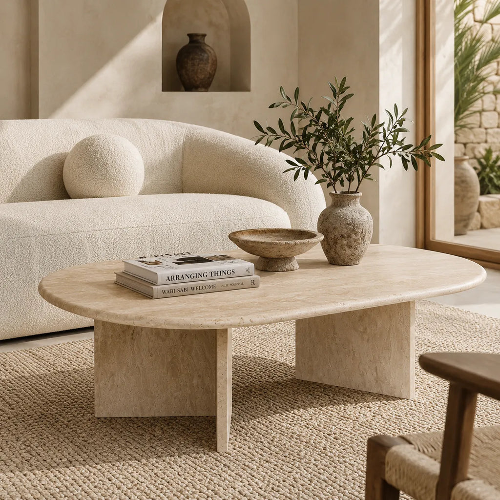 Oval Travertine Coffee Table with Slab Legs
