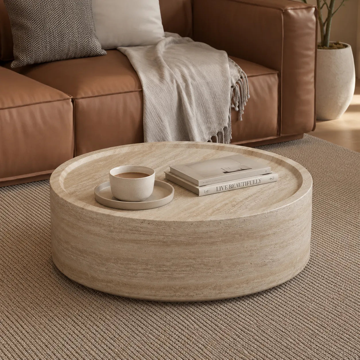 Round Travertine Drum Coffee Table