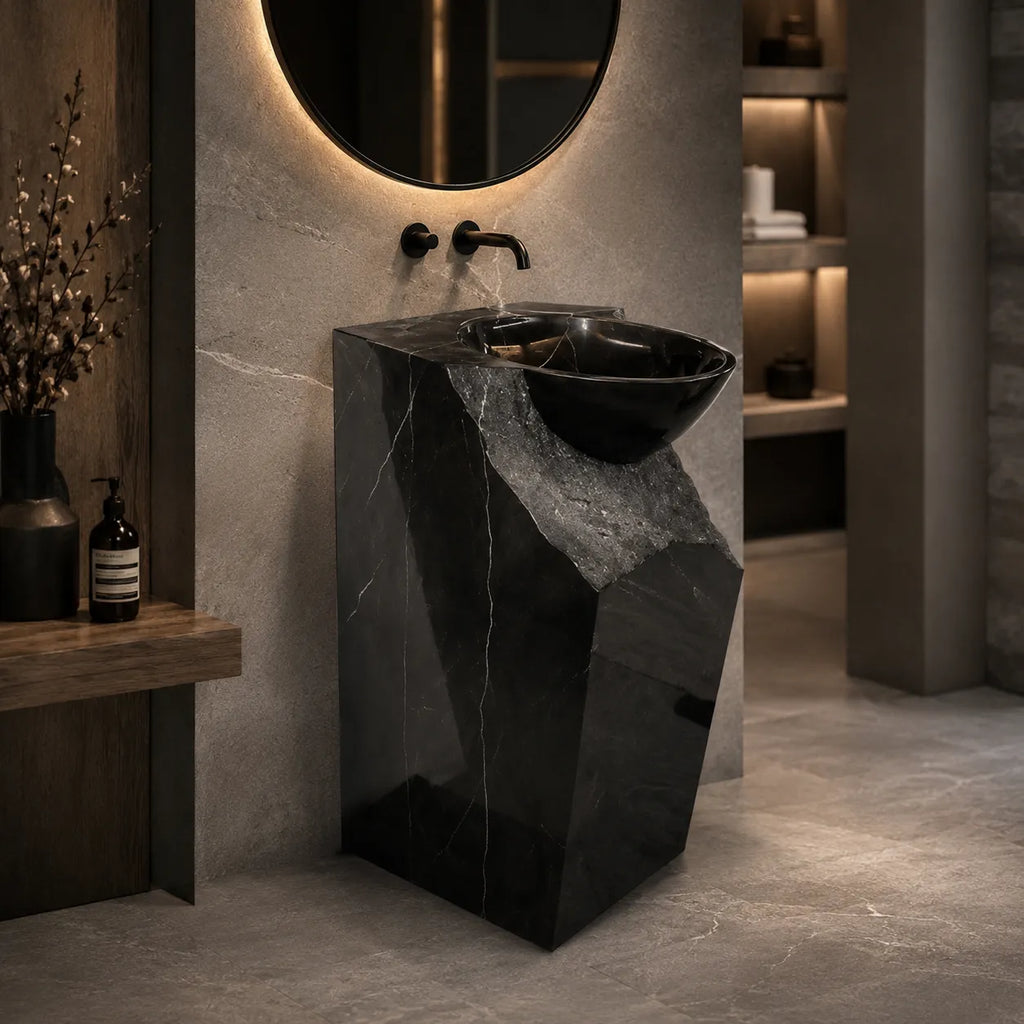 Black Marquina Marble Pedestal Sink