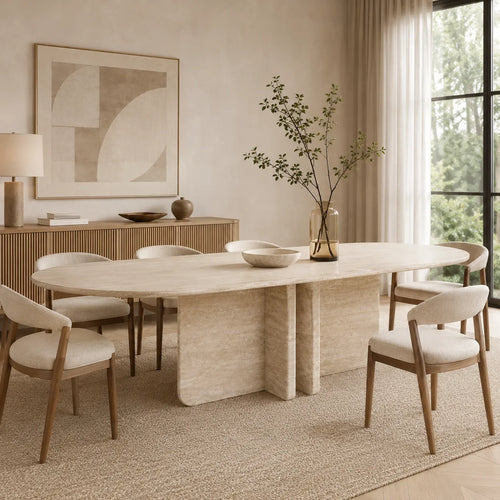 Beige Travertine Oval Dining Table