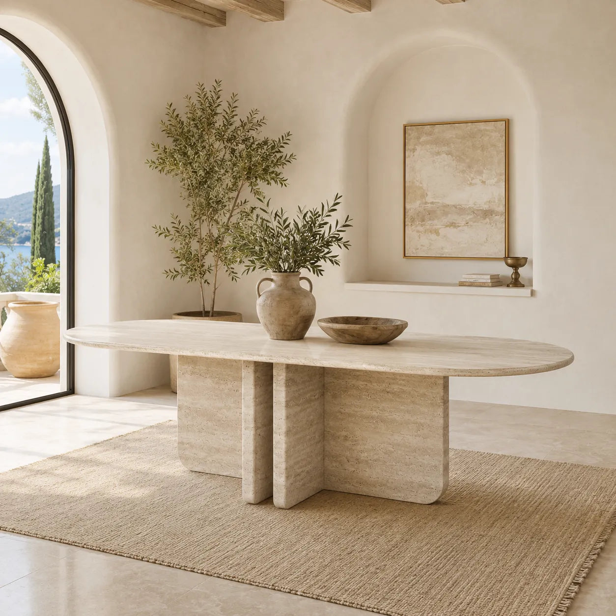 Beige Travertine Oval Dining Table