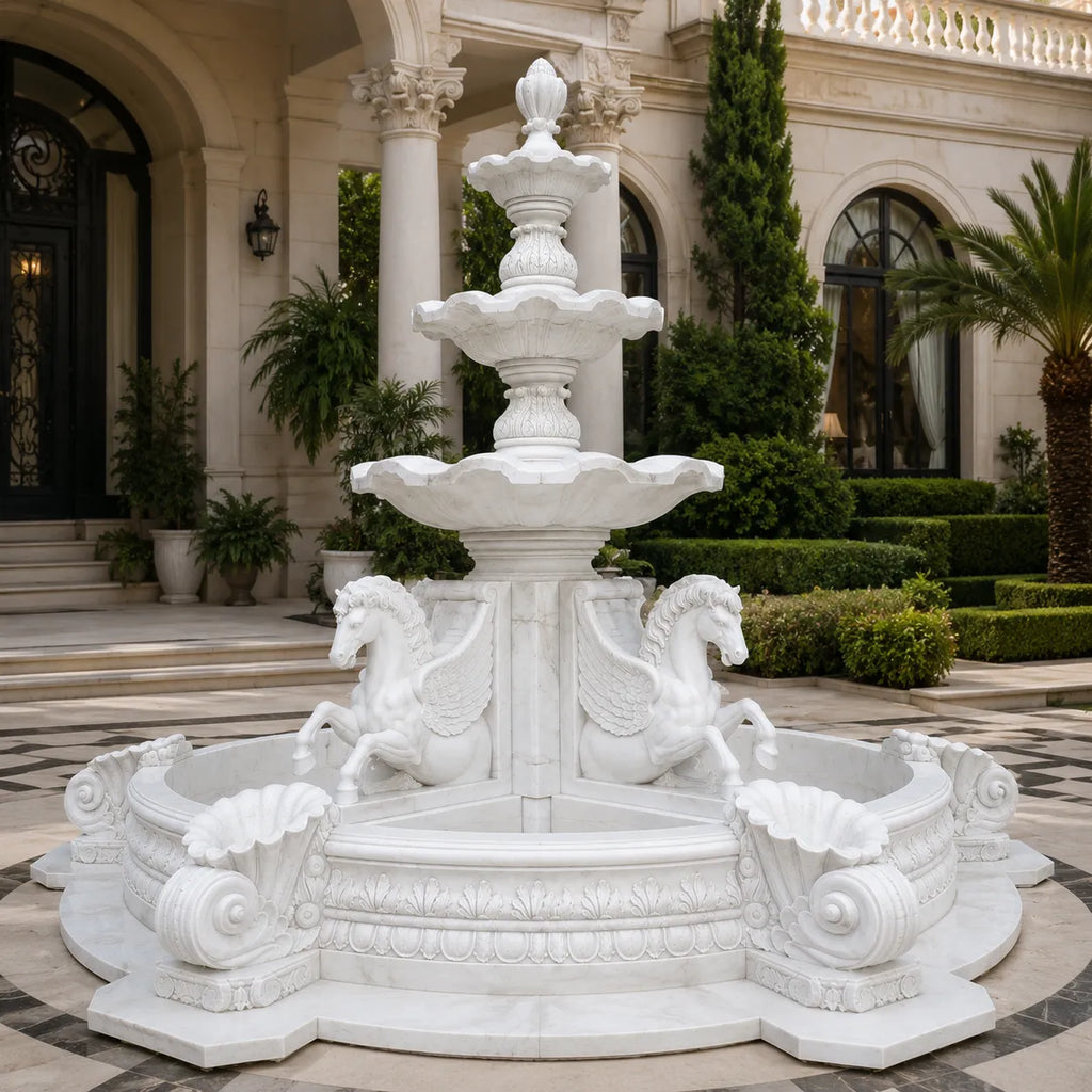 Hand-Carved White Marble Four Horse Garden Fountain