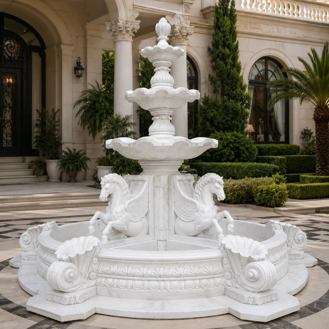 Hand-Carved White Marble Four Horse Garden Fountain