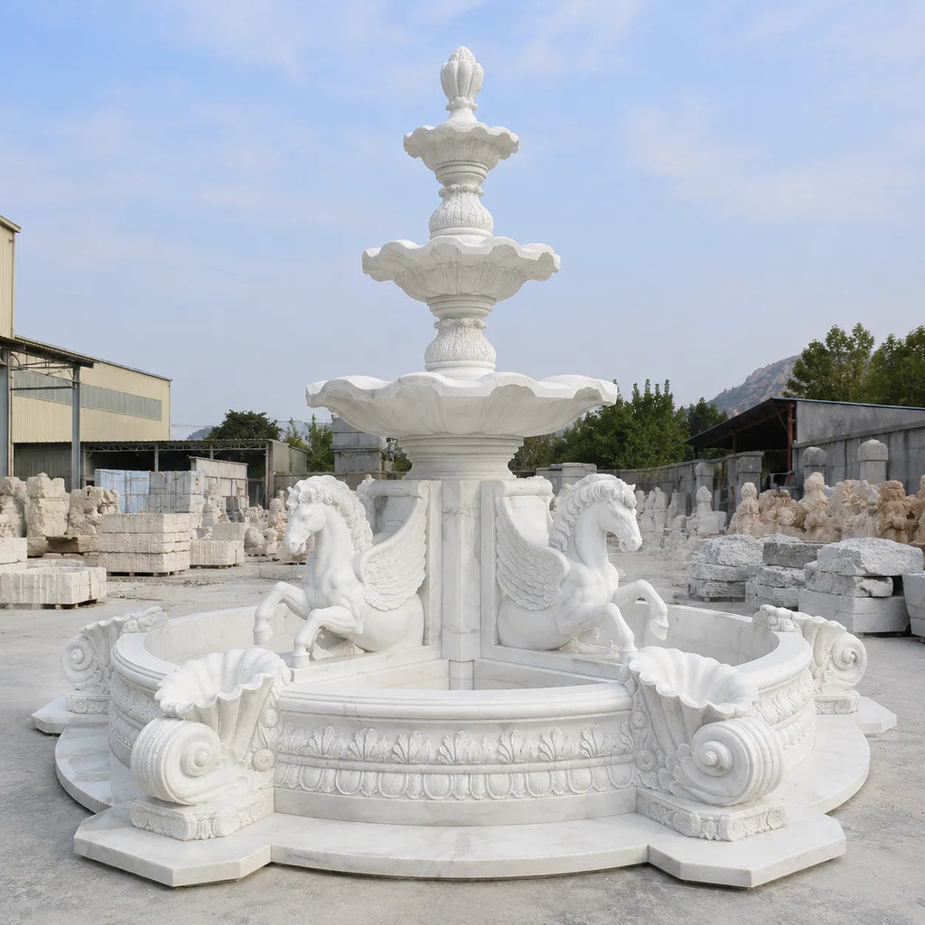 Hand-Carved White Marble Four Horse Garden Fountain