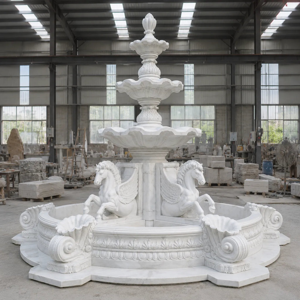 Hand-Carved White Marble Four Horse Garden Fountain