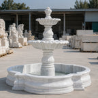 Hand-Carved White Marble Tiered Garden Fountain