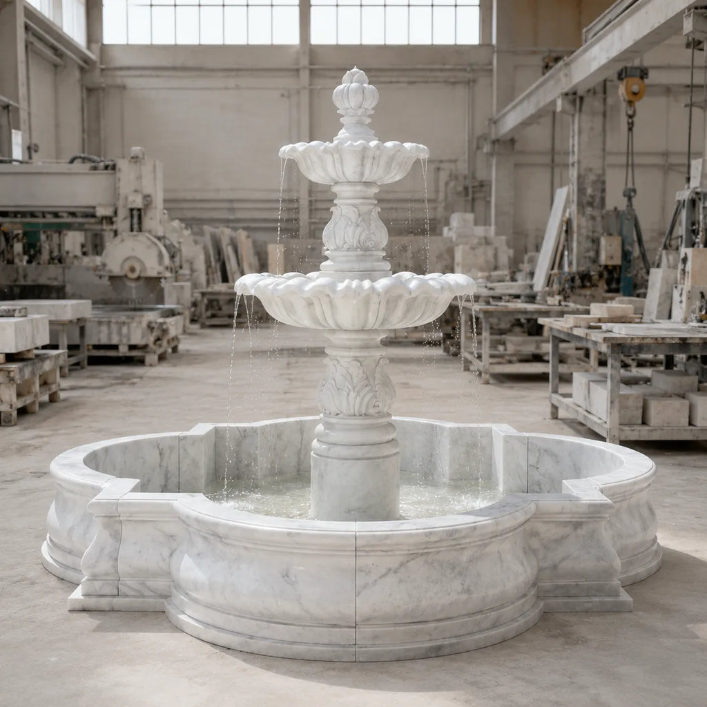 Hand-Carved White Marble Tiered Garden Fountain