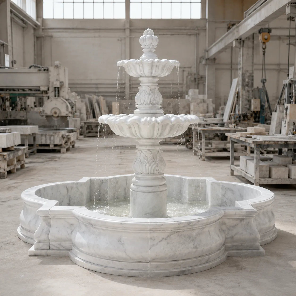 Hand-Carved White Marble Tiered Garden Fountain