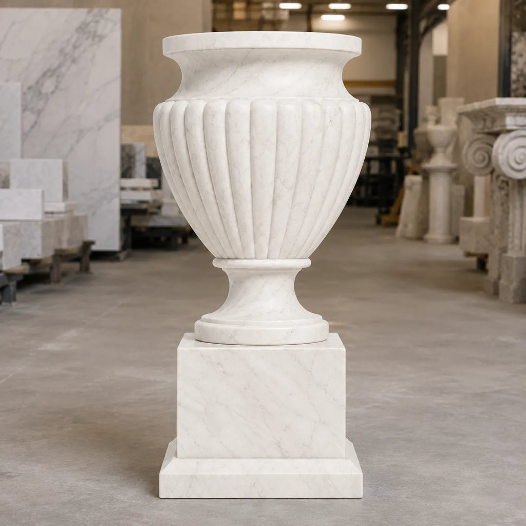 Hand-Carved White Marble Garden Urn Planter