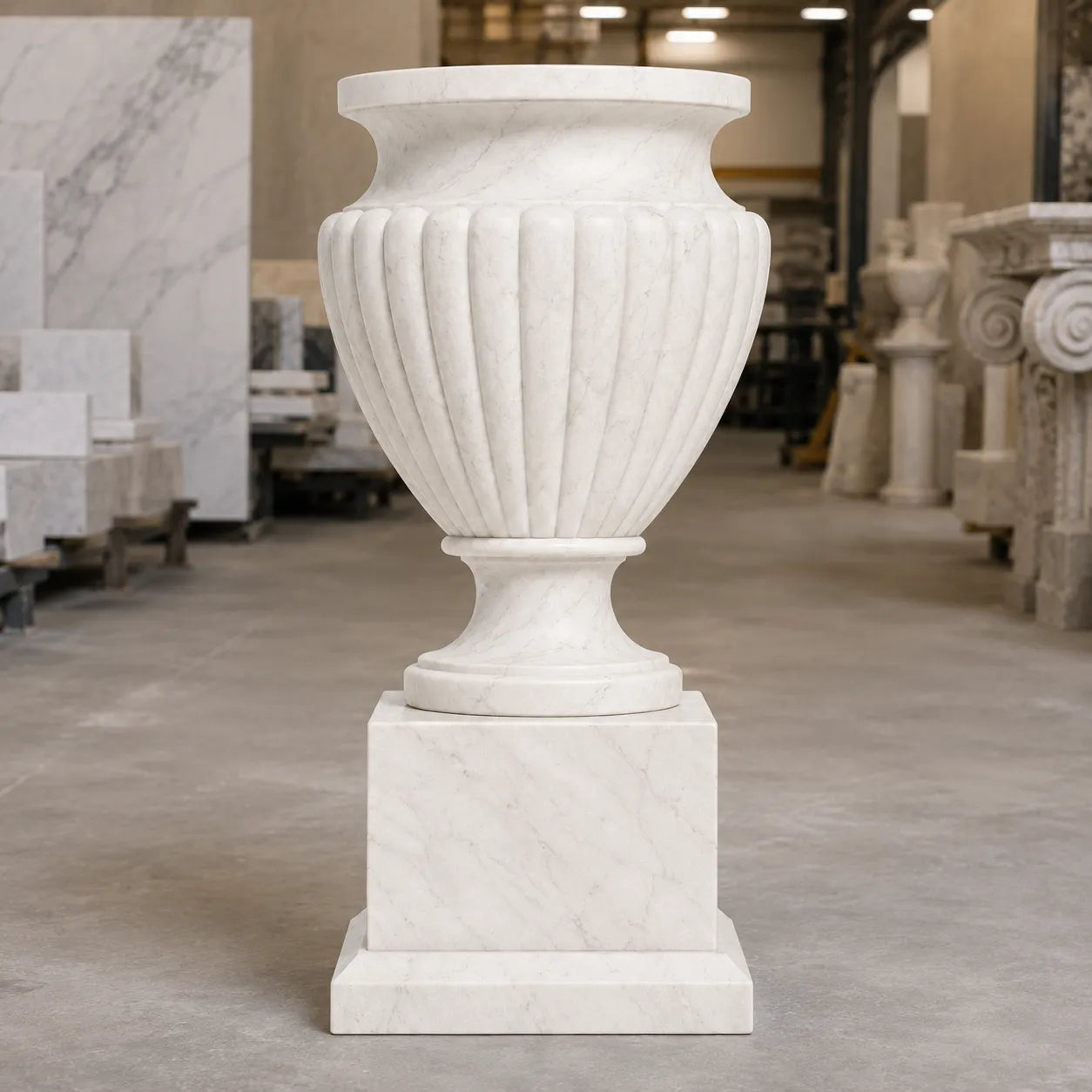 Hand-Carved White Marble Garden Urn Planter