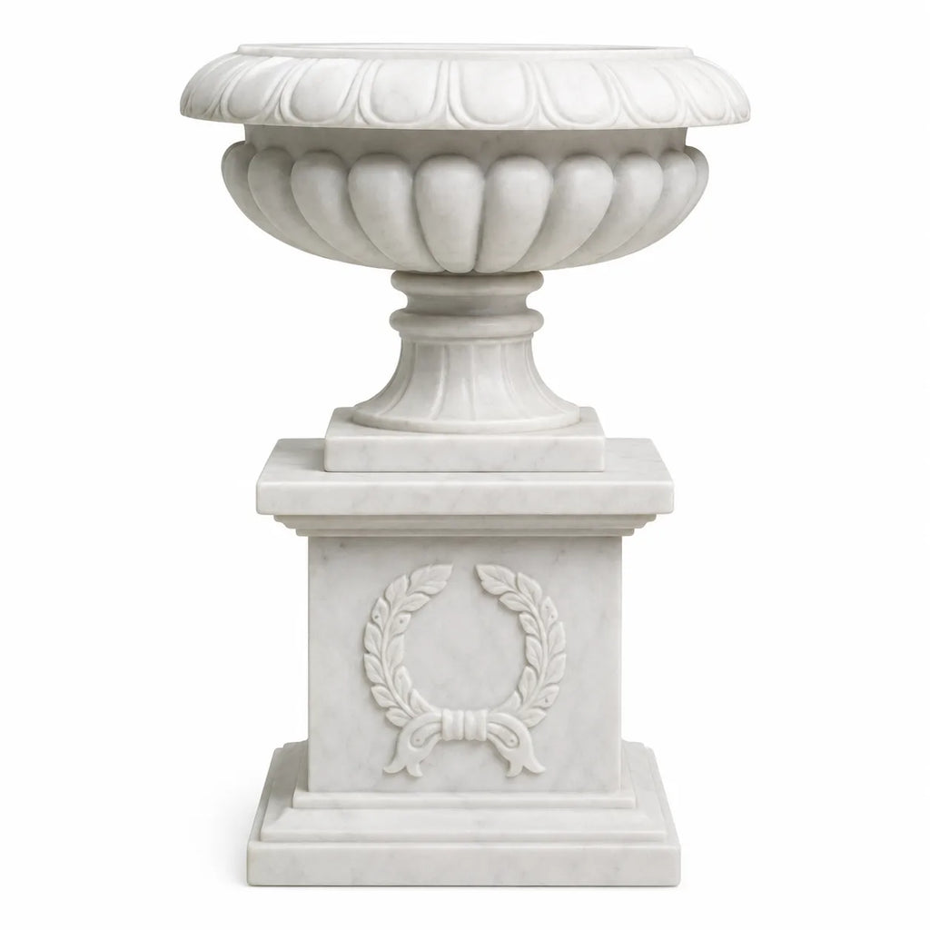 Hand-Carved White Marble Garden Urn with Pedestal