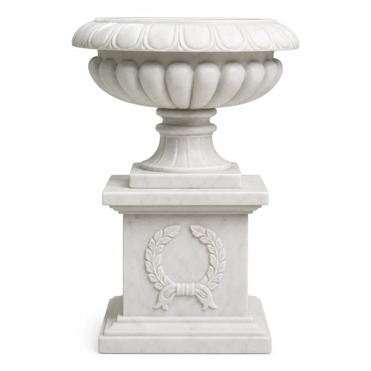Hand-Carved White Marble Garden Urn with Pedestal