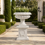 Hand-Carved White Marble Garden Urn with Pedestal