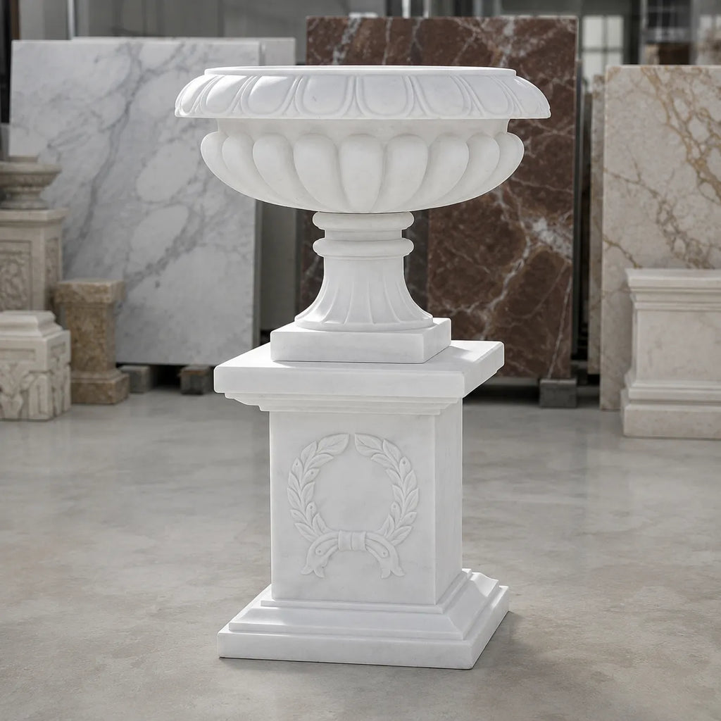 Hand-Carved White Marble Garden Urn with Pedestal