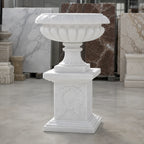 Hand-Carved White Marble Garden Urn with Pedestal